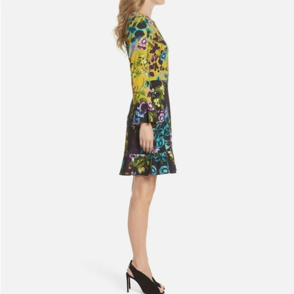 ELIZA J NWOT Floral Color Block MIDI Dress Long Bell Sleeves Sz 4 Dark Romantic - Picture 9 of 16